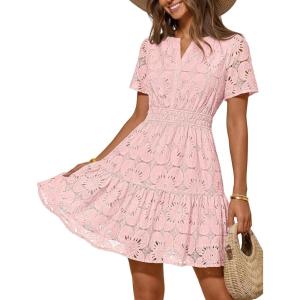 MEROKEETY Women’s Spring Summer Lace Boho Dress 2026 Short Sleeve Eyelet Floral Ruffle A Line Vacation Beach Mini Dresses(Pink)