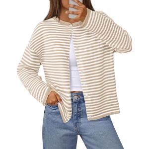 MEROKEETY Womens Striped Cardigan Sweaters 2026 Button Lightweight Long Sleeve Loose Knit Fall Sweater Clothes(Beige)