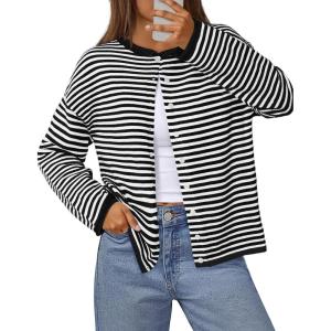 MEROKEETY Womens Striped Cardigan Sweaters 2026 Button Lightweight Long Sleeve Loose Knit Fall Sweater Clothes(Black)