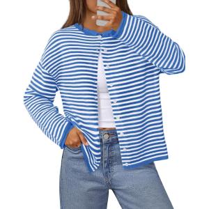 MEROKEETY Womens Striped Cardigan Sweaters 2026 Button Lightweight Long Sleeve Loose Knit Fall Sweater Clothes(Blue)