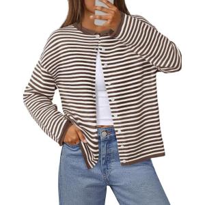 MEROKEETY Womens Striped Cardigan Sweaters 2026 Button Lightweight Long Sleeve Loose Knit Fall Sweater Clothes(Brown)