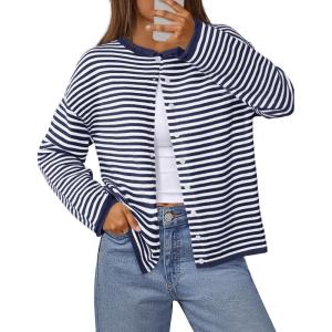 MEROKEETY Womens Striped Cardigan Sweaters 2026 Button Lightweight Long Sleeve Loose Knit Fall Sweater Clothes(Navy)