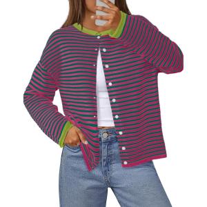 MEROKEETY Womens Striped Cardigan Sweaters 2026 Button Lightweight Long Sleeve Loose Knit Fall Sweater Clothes(Pinkgreen)