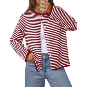 MEROKEETY Womens Striped Cardigan Sweaters 2026 Button Lightweight Long Sleeve Loose Knit Fall Sweater Clothes(Red)