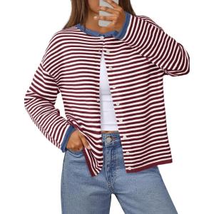 MEROKEETY Womens Striped Cardigan Sweaters 2026 Button Lightweight Long Sleeve Loose Knit Fall Sweater Clothes(Wineblue)