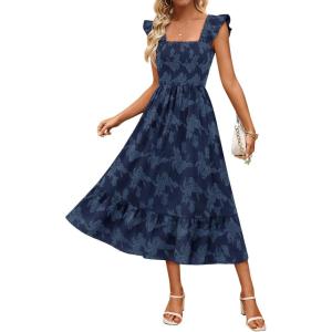 MEROKEETY Women’s Summer Boho Midi Dress 2026 Casual Floral Square Neck Sleeveless Smocked Flowy Ruffle Beach Long Dresses(Navy)