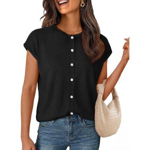 MEROKEETY Women’s Summer Lightweight Cardigan Tops 2026 Cap Sleeve Business Casual Blouse Button Down Trendy Shirt(Black)