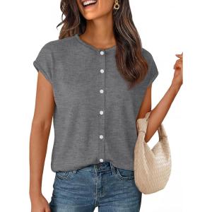 MEROKEETY Women’s Summer Lightweight Cardigan Tops 2026 Cap Sleeve Business Casual Blouse Button Down Trendy Shirt(Grey)