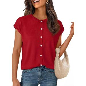 MEROKEETY Women’s Summer Lightweight Cardigan Tops 2026 Cap Sleeve Business Casual Blouse Button Down Trendy Shirt(Red)