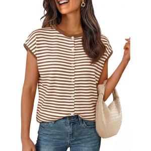 MEROKEETY Women’s Summer Lightweight Cardigan Tops 2026 Cap Sleeve Business Casual Blouse Button Down Trendy Shirt(Stripebrown)