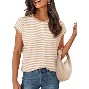 MEROKEETY Women’s Summer Lightweight Cardigan Tops 2026 Cap Sleeve Business Casual Blouse Button Down Trendy Shirt(Stripekhaki)
