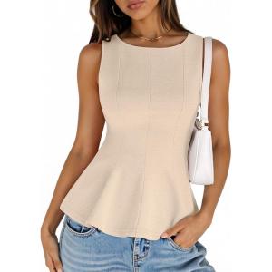 MEROKEETY Women’s Summer Sleeveless Tank Tops Crewneck Ruffle Flowy Peplum Babydoll Blouses Trendy Clothes(Apricot)