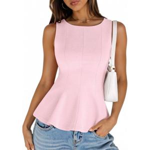 MEROKEETY Women’s Summer Sleeveless Tank Tops Crewneck Ruffle Flowy Peplum Babydoll Blouses Trendy Clothes(Pink)