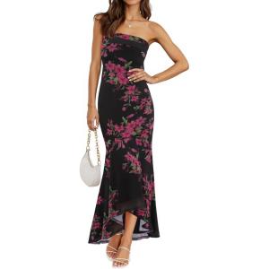 MEROKEETY Women’s Summer Strapless Floral Maxi Dress 2026 Bodycon Mesh Wedding Guest Cocktail Party Tube Dresses(Black)