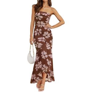 MEROKEETY Women’s Summer Strapless Floral Maxi Dress 2026 Bodycon Mesh Wedding Guest Cocktail Party Tube Dresses(Brown)