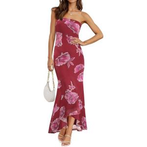 MEROKEETY Women’s Summer Strapless Floral Maxi Dress 2026 Bodycon Mesh Wedding Guest Cocktail Party Tube Dresses(Winered)
