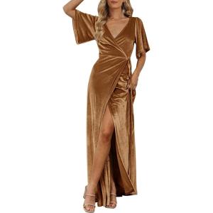 MEROKEETY Women’s V Neck Wrap Velvet Maxi Wedding Guest Dress Bell Sleeve Split Bridesmaid Cocktail Party Formal Dresses(Golden)