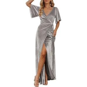 MEROKEETY Women’s V Neck Wrap Velvet Maxi Wedding Guest Dress Bell Sleeve Split Bridesmaid Cocktail Party Formal Dresses(Silvery)