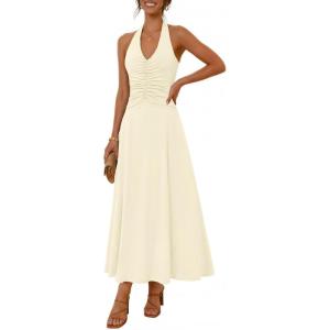 MEROKEETY Women’s Wedding Guest Formal Dress Summer Halter Backless Sleeveless V Neck Ruched Cocktail Maxi Dresses(Apricot)