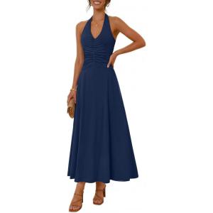 MEROKEETY Women’s Wedding Guest Formal Dress Summer Halter Backless Sleeveless V Neck Ruched Cocktail Maxi Dresses(Navy)