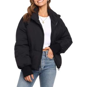 MEROKEETY Women’s Winter Puffer Jacket Long Sleeve Short Warm Quilted Baggy Coats 2025 Outerwear(Black)