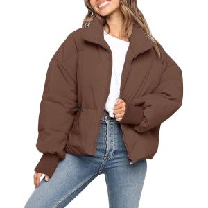 MEROKEETY Women’s Winter Puffer Jacket Long Sleeve Short Warm Quilted Baggy Coats 2025 Outerwear(Coffee)