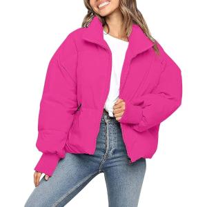 MEROKEETY Women’s Winter Puffer Jacket Long Sleeve Short Warm Quilted Baggy Coats 2025 Outerwear(Hot Pink)
