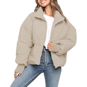 MEROKEETY Women’s Winter Puffer Jacket Long Sleeve Short Warm Quilted Baggy Coats 2025 Outerwear(Light Khaki)