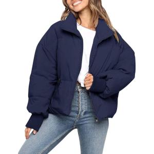 MEROKEETY Women’s Winter Puffer Jacket Long Sleeve Short Warm Quilted Baggy Coats 2025 Outerwear(Navy)