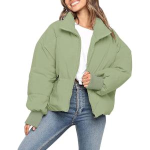 MEROKEETY Women’s Winter Puffer Jacket Long Sleeve Short Warm Quilted Baggy Coats 2025 Outerwear(Pea Green)