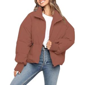 MEROKEETY Women’s Winter Puffer Jacket Long Sleeve Short Warm Quilted Baggy Coats 2025 Outerwear(Red Brown)
