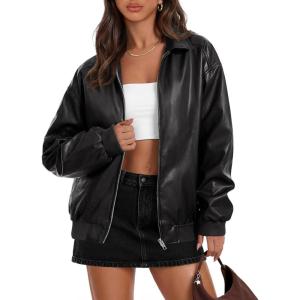 MEROKEETY Women’s Winter Spring Oversized Faux Leather Jacket 2026 Fall Zip Up Motorcycle Coats Fashion Outfits Clothes(Black)