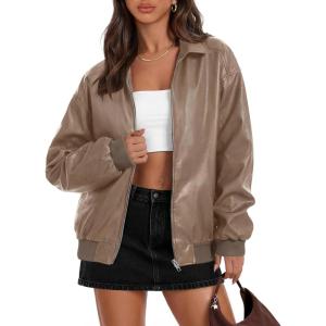 MEROKEETY Women’s Winter Spring Oversized Faux Leather Jacket 2026 Fall Zip Up Motorcycle Coats Fashion Outfits Clothes(Khaki)
