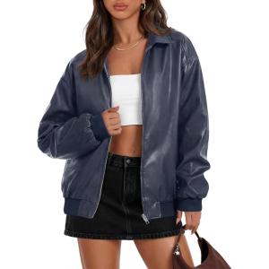 MEROKEETY Women’s Winter Spring Oversized Faux Leather Jacket 2026 Fall Zip Up Motorcycle Coats Fashion Outfits Clothes(Navy)