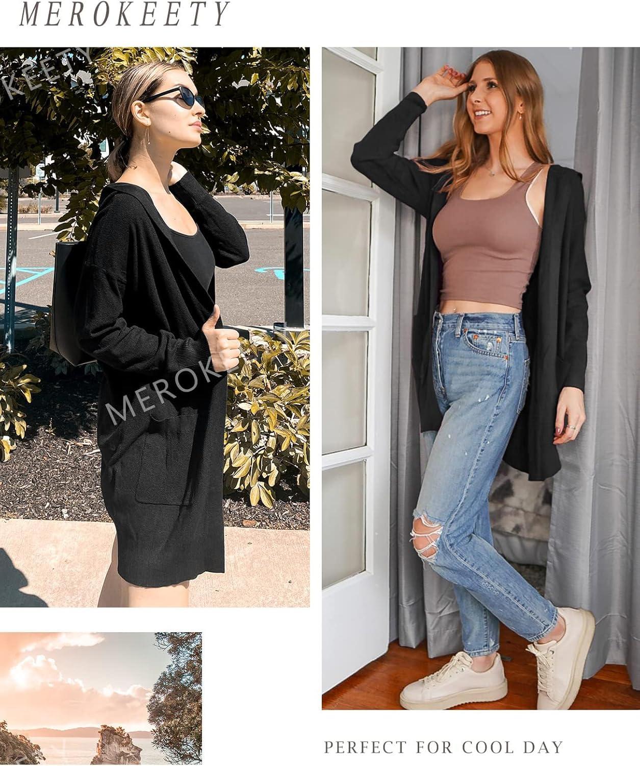 imageMEROKEETY Long Cardigans for Women 2026 Fall Winter Hooded Long Sleeve Open Front Sweaters with PocketsBlack