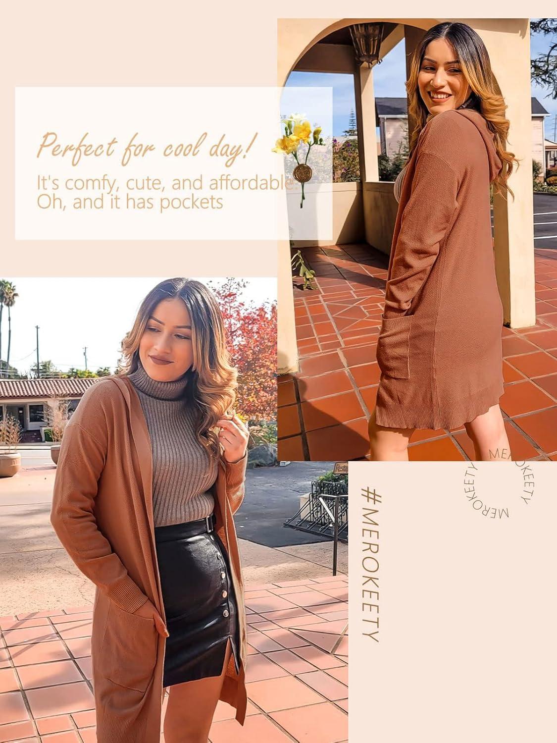 imageMEROKEETY Long Cardigans for Women 2026 Fall Winter Hooded Long Sleeve Open Front Sweaters with PocketsCaramel