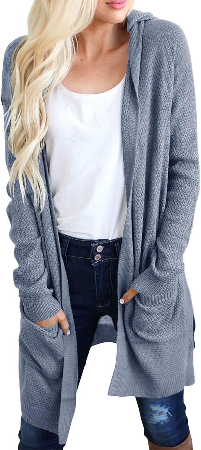 imageMEROKEETY Long Cardigans for Women 2026 Fall Winter Hooded Long Sleeve Open Front Sweaters with PocketsDusty Blue