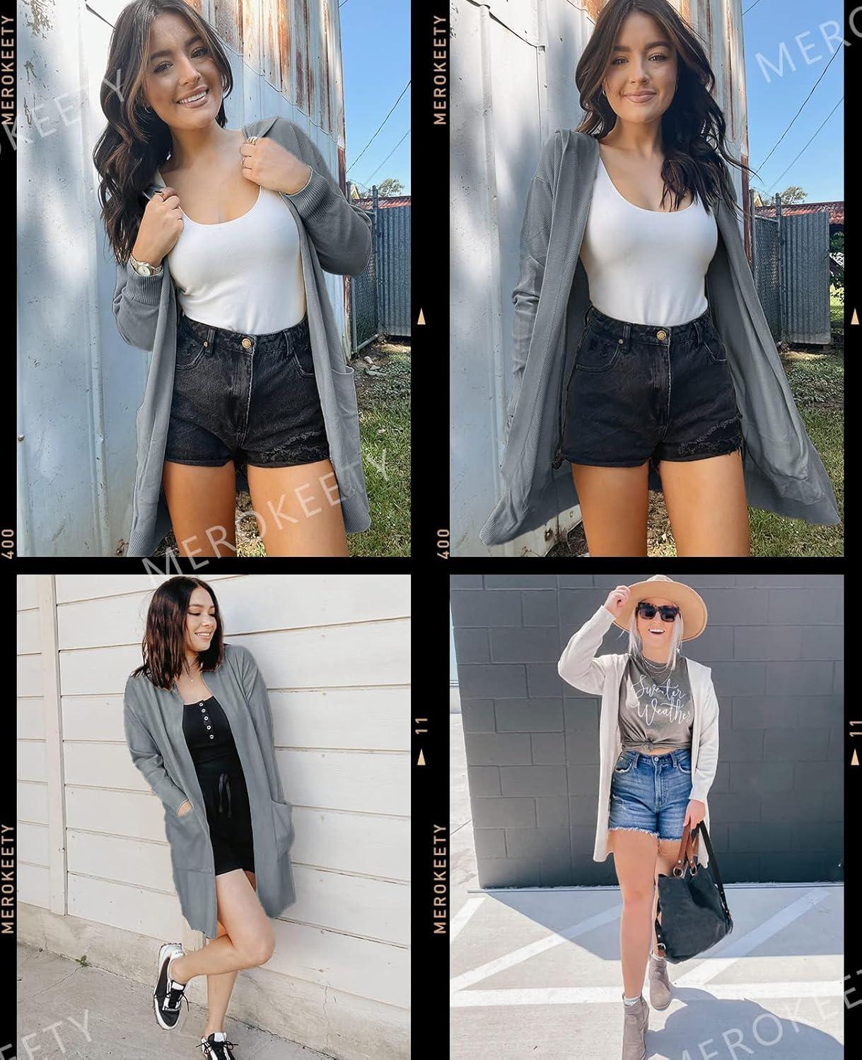 imageMEROKEETY Long Cardigans for Women 2026 Fall Winter Hooded Long Sleeve Open Front Sweaters with PocketsGrey