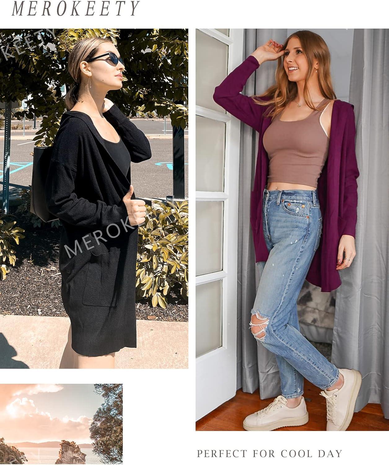 imageMEROKEETY Long Cardigans for Women 2026 Fall Winter Hooded Long Sleeve Open Front Sweaters with PocketsHunter Green