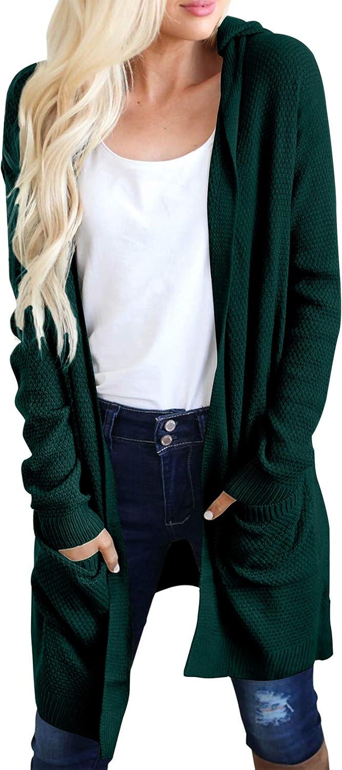 imageMEROKEETY Long Cardigans for Women 2026 Fall Winter Hooded Long Sleeve Open Front Sweaters with PocketsHunter Green
