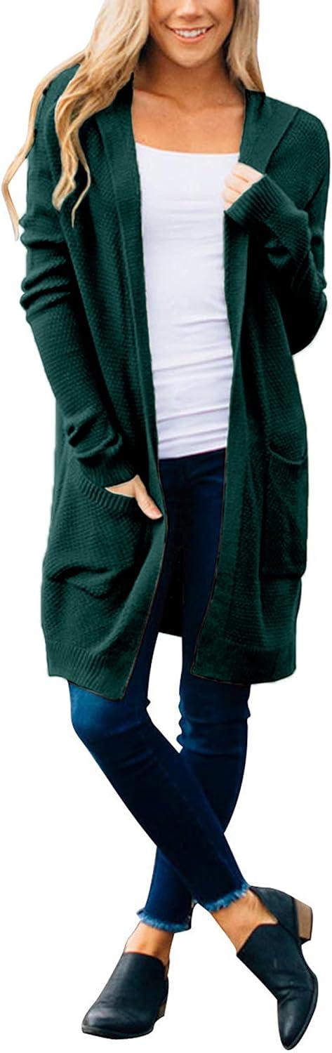 imageMEROKEETY Long Cardigans for Women 2026 Fall Winter Hooded Long Sleeve Open Front Sweaters with PocketsHunter Green