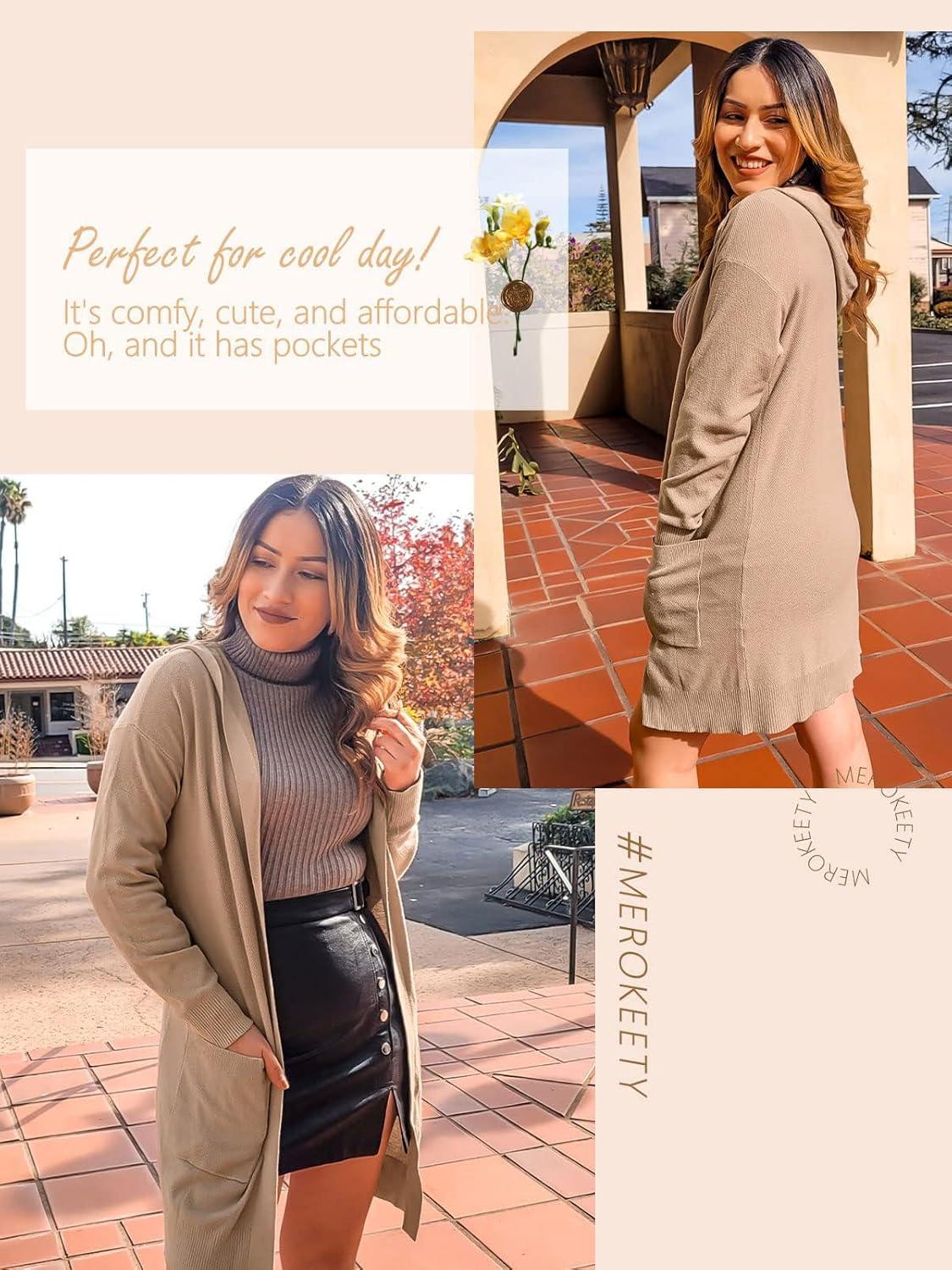 imageMEROKEETY Long Cardigans for Women 2026 Fall Winter Hooded Long Sleeve Open Front Sweaters with PocketsKhaki