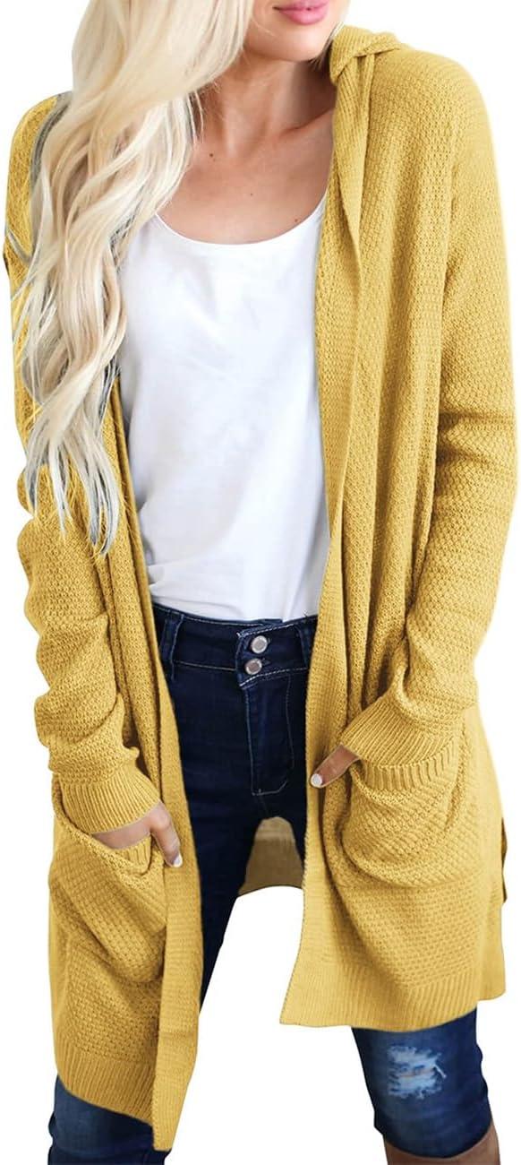imageMEROKEETY Long Cardigans for Women 2026 Fall Winter Hooded Long Sleeve Open Front Sweaters with PocketsMustard