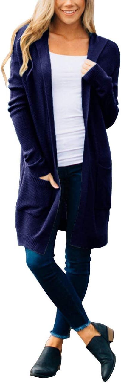 imageMEROKEETY Long Cardigans for Women 2026 Fall Winter Hooded Long Sleeve Open Front Sweaters with PocketsNavy