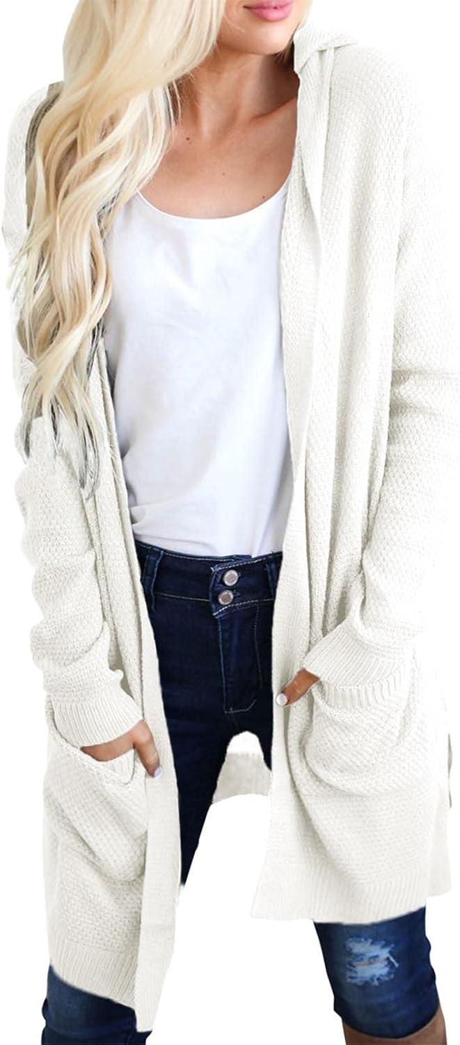 imageMEROKEETY Long Cardigans for Women 2026 Fall Winter Hooded Long Sleeve Open Front Sweaters with PocketsOffwhite