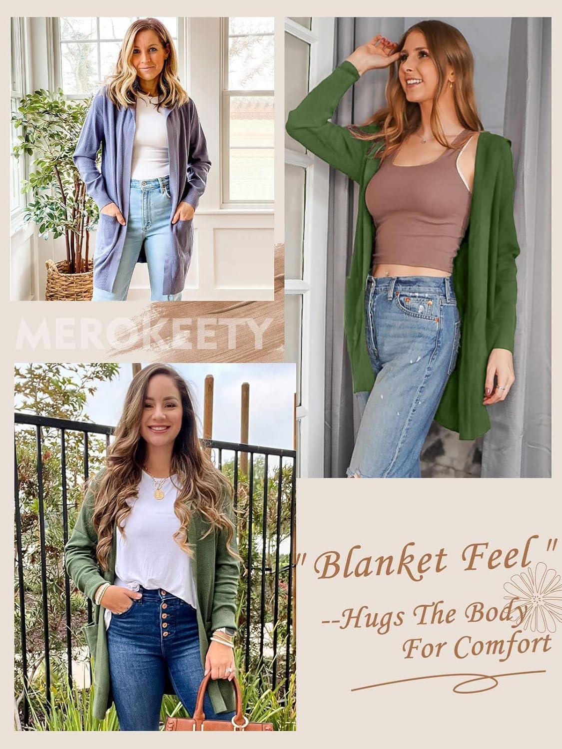 imageMEROKEETY Long Cardigans for Women 2026 Fall Winter Hooded Long Sleeve Open Front Sweaters with PocketsOlive