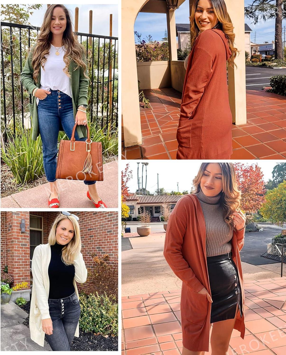imageMEROKEETY Long Cardigans for Women 2026 Fall Winter Hooded Long Sleeve Open Front Sweaters with PocketsRust