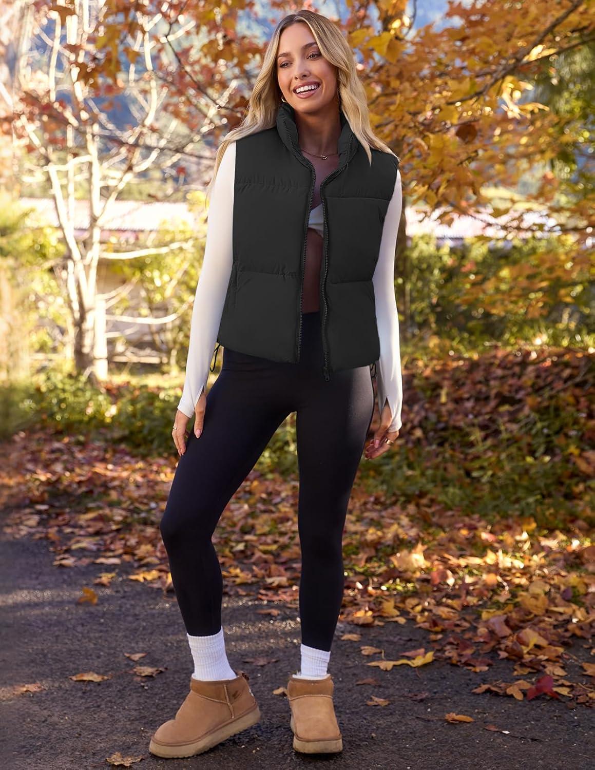 imageMEROKEETY Puffer Vest Women 2025 Fall Winter Sleeveless Jackets Lightweight Warm Stand Collar Quilted Zip Up CoatBlack