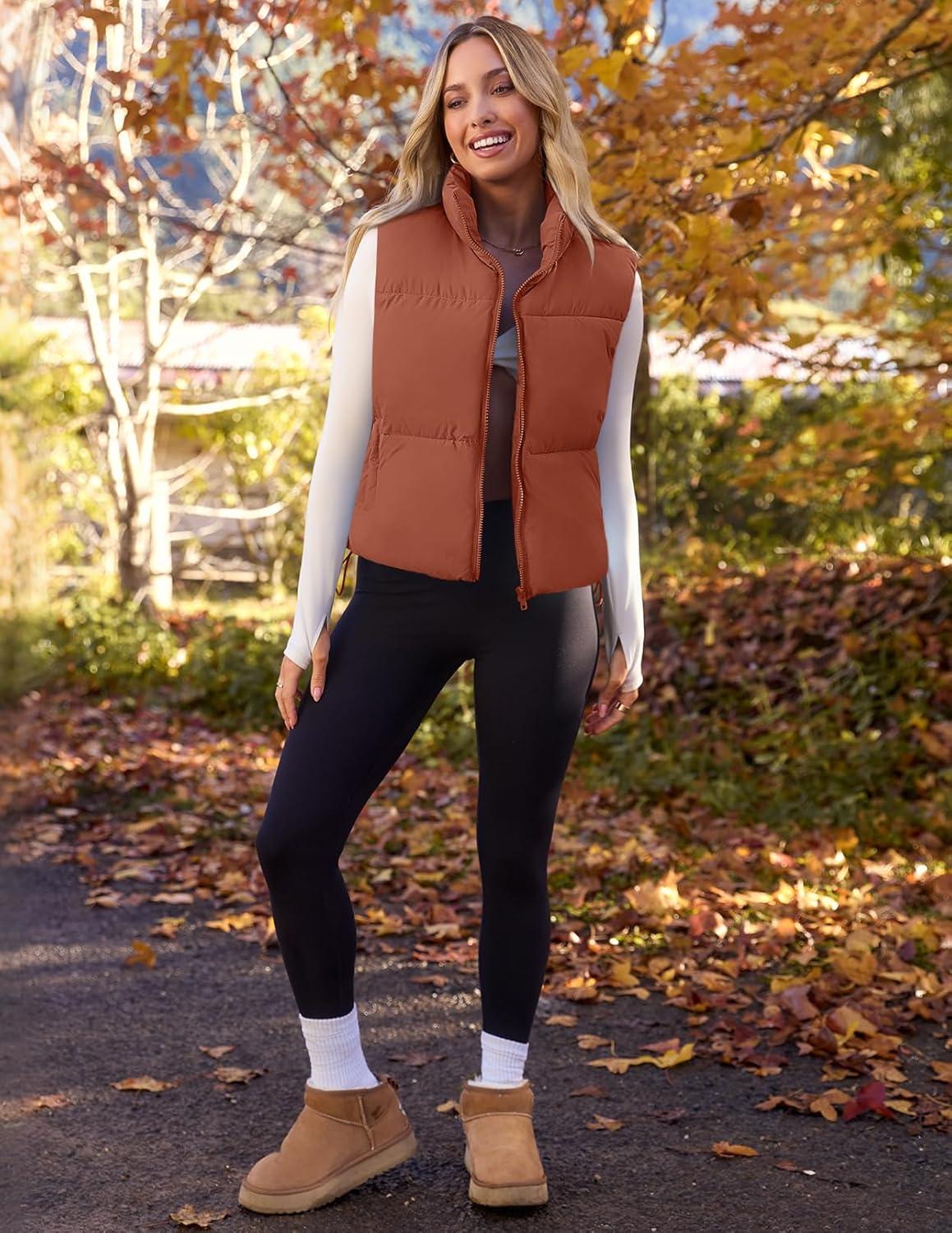 imageMEROKEETY Puffer Vest Women 2025 Fall Winter Sleeveless Jackets Lightweight Warm Stand Collar Quilted Zip Up CoatBrown