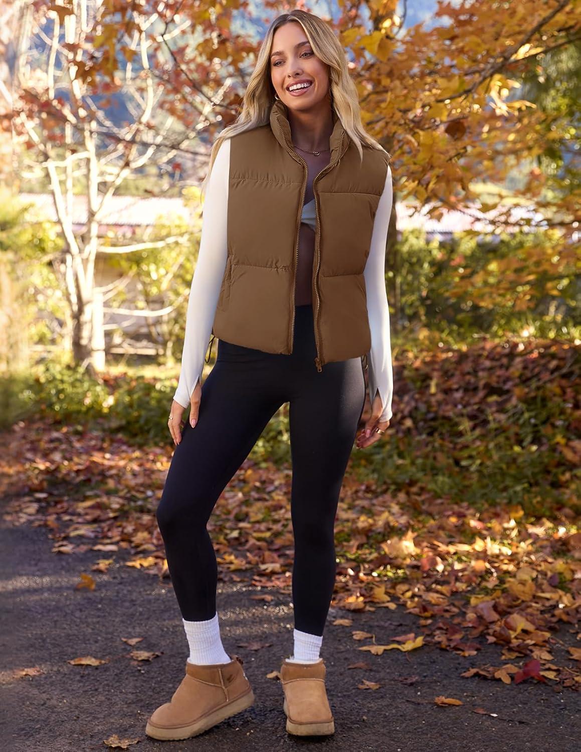 imageMEROKEETY Puffer Vest Women 2025 Fall Winter Sleeveless Jackets Lightweight Warm Stand Collar Quilted Zip Up CoatCoffee